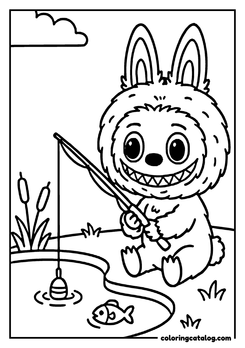 Free Labubu coloring sheet: Fishing at the edge of a pond, a float on the water and a fish below, bulrushes on the bank
