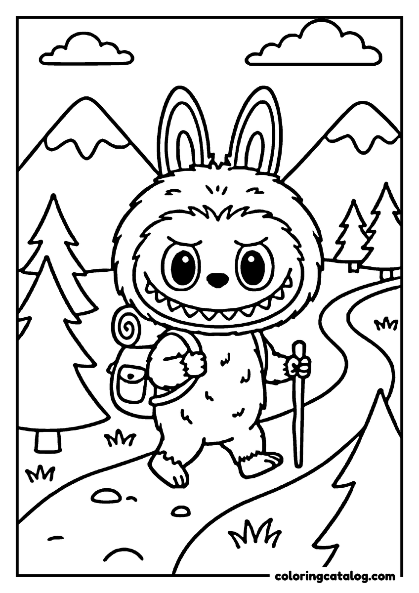 Printable Labubu coloring page: Hiking a winding path with a rucksack and a walking stick, firs and snowy peaks behind