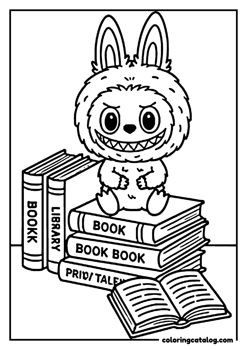 Printable Labubu coloring page: Perched on a pile of library books, with one book lying open on the floor in front