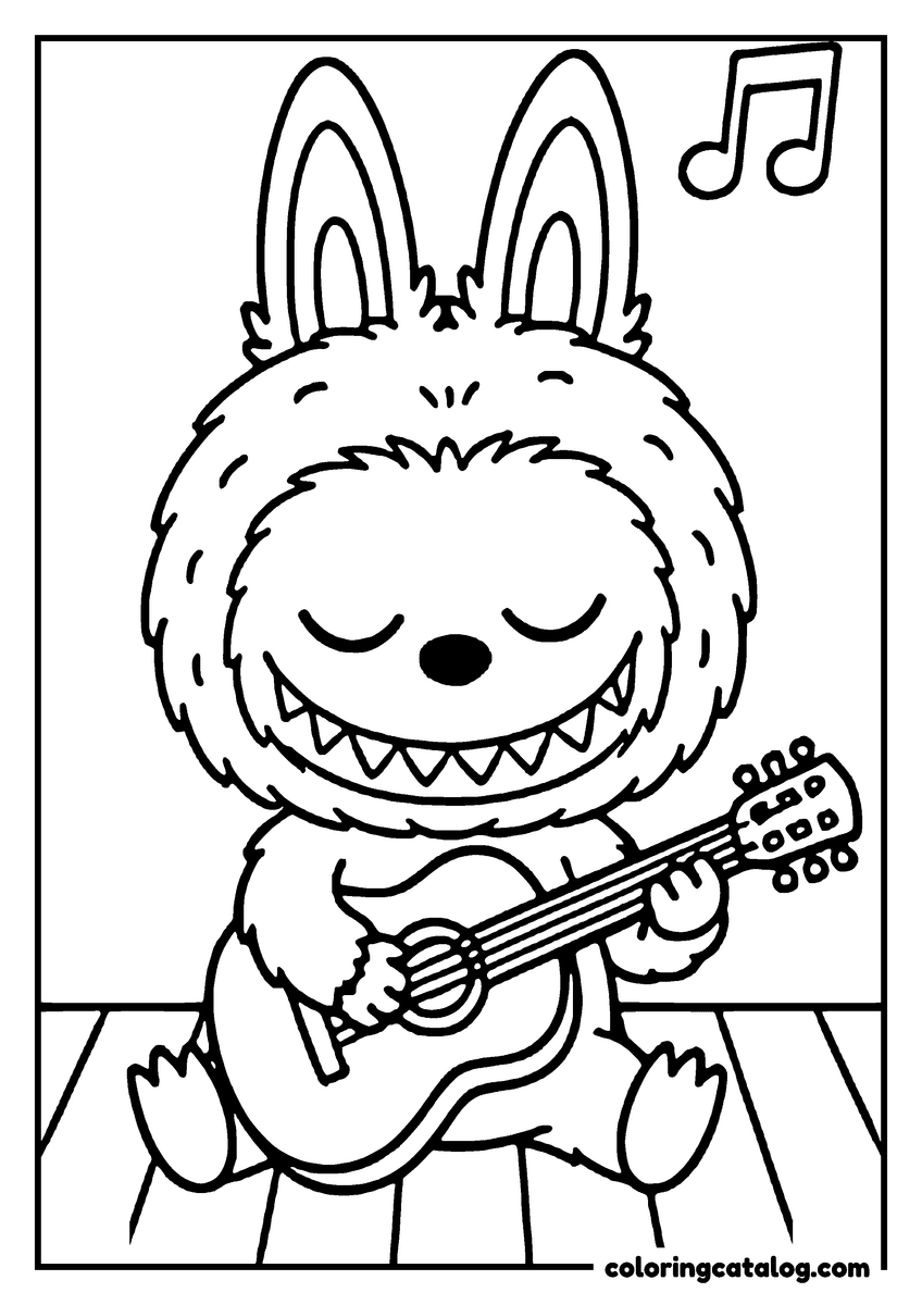 Free Labubu coloring sheet: Sitting on a striped floor playing guitar with eyes closed, a single note in the air