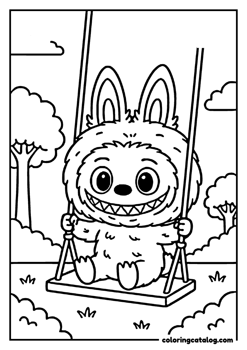 Free Labubu coloring sheet: Swinging on a wooden swing hung from two ropes, trees and bushes all around