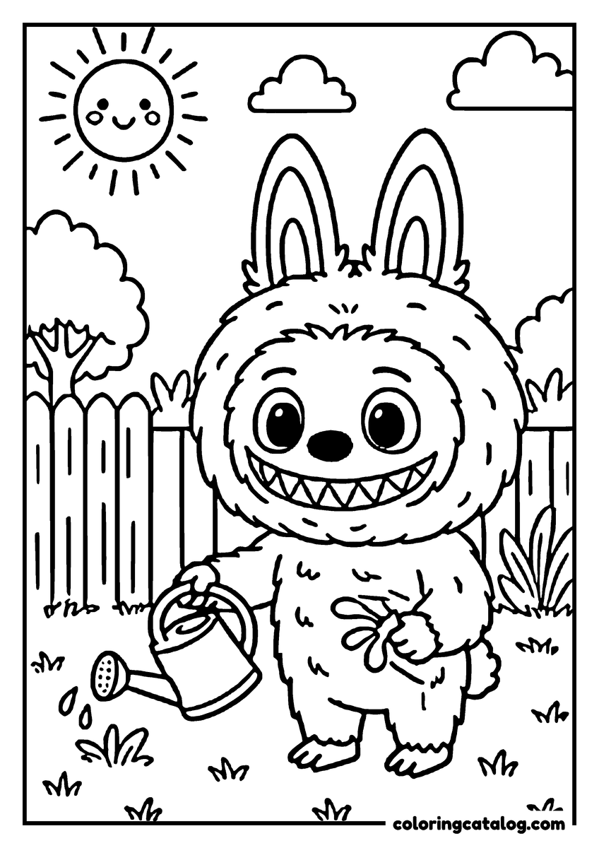 Labubu coloring page: Watering the garden under a smiling sun, a wooden fence and bushes behind