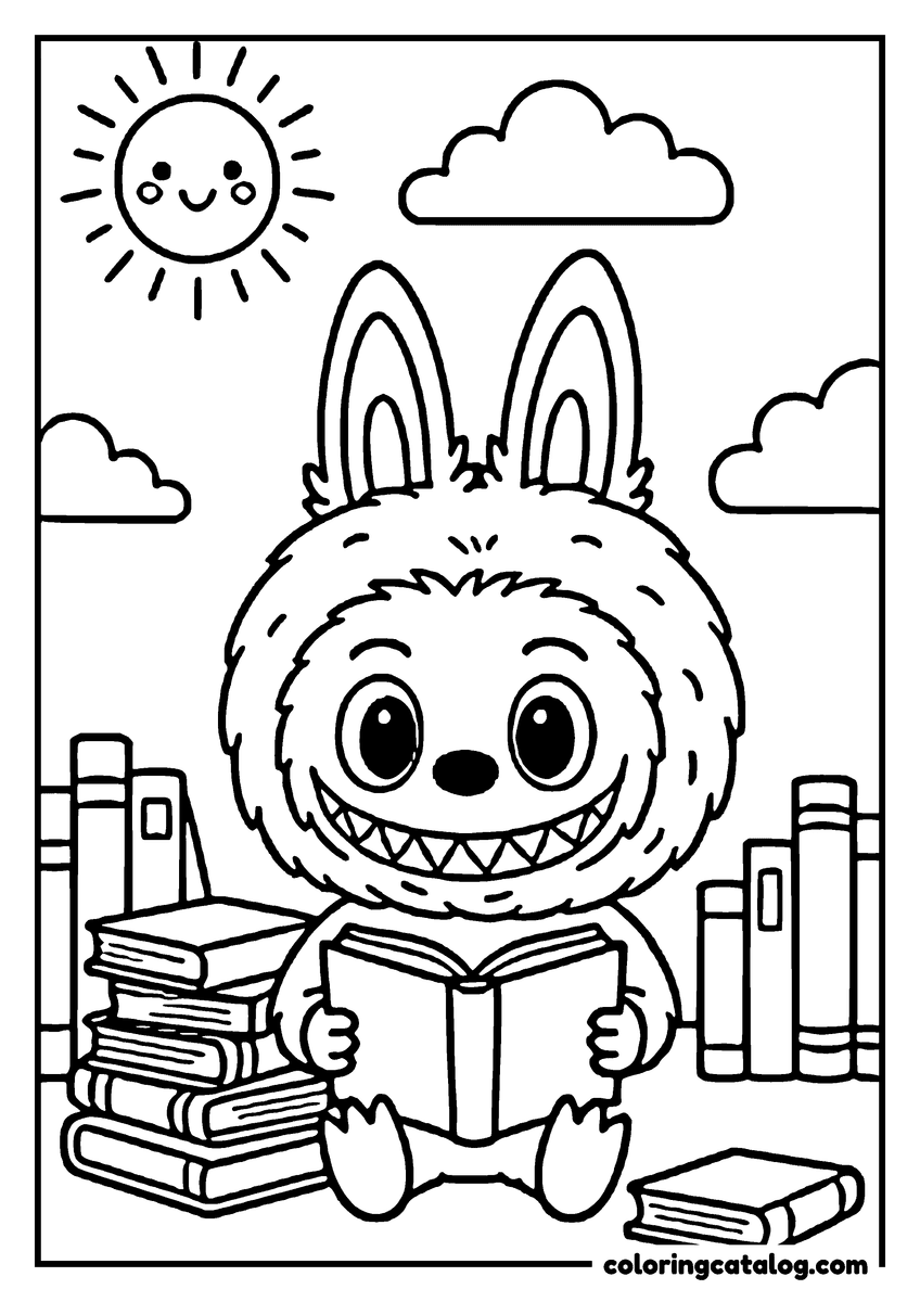 Labubu coloring page: Sitting between two stacks of books with one open on the lap, under a smiling sun