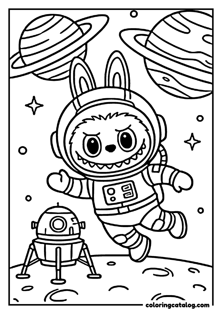 Labubu coloring page: Bounding across the moon in a spacesuit, a landing module alongside and two ringed planets above