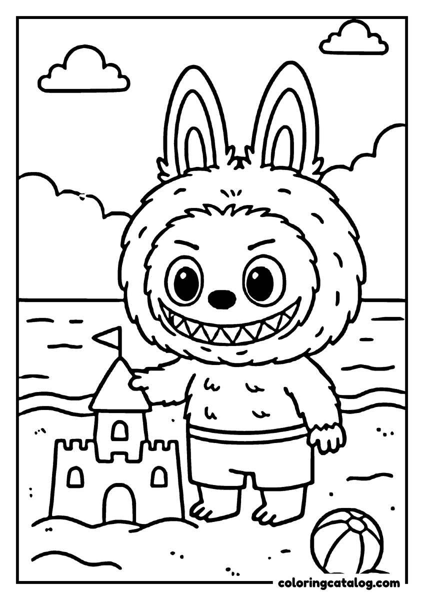Labubu coloring page: On the beach in swimming shorts beside a sandcastle with a flag, a beach ball on the sand