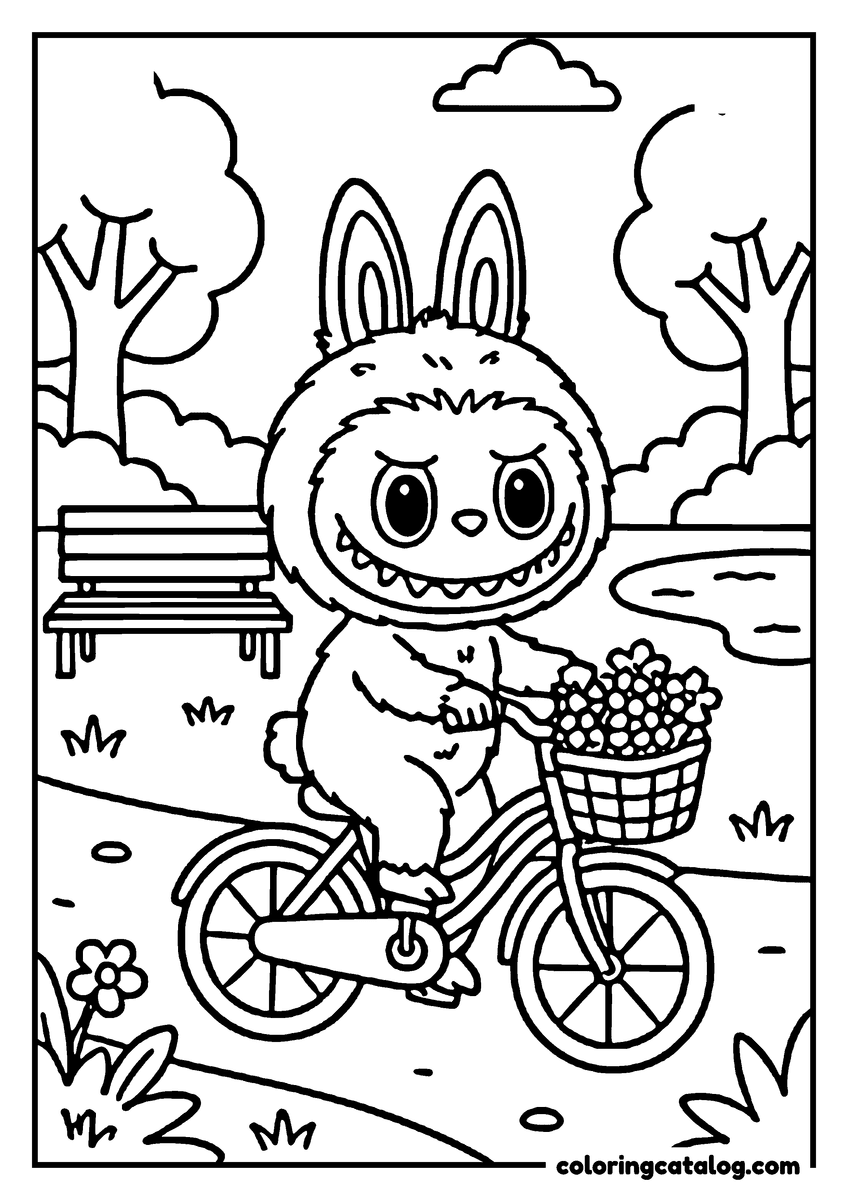 Labubu coloring page: Cycling through a park with a basket of flowers on the handlebars, a bench and a pond behind