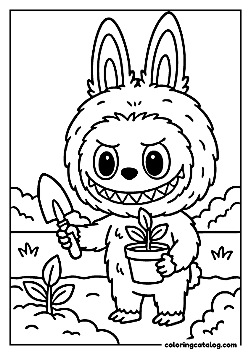 Labubu coloring page: Holding a trowel in one hand and a potted seedling in the other, standing in a vegetable patch