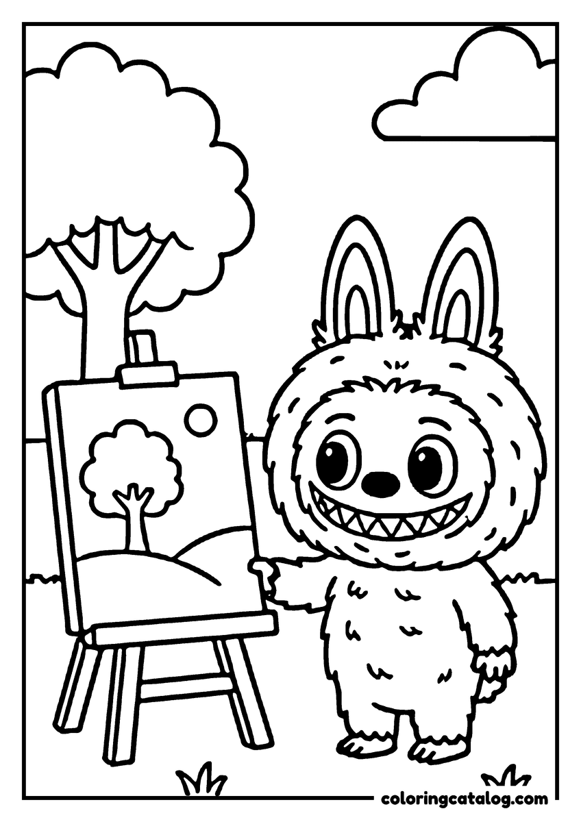Labubu coloring page: Standing beside an easel outdoors, the tree on the canvas matching the one in the field