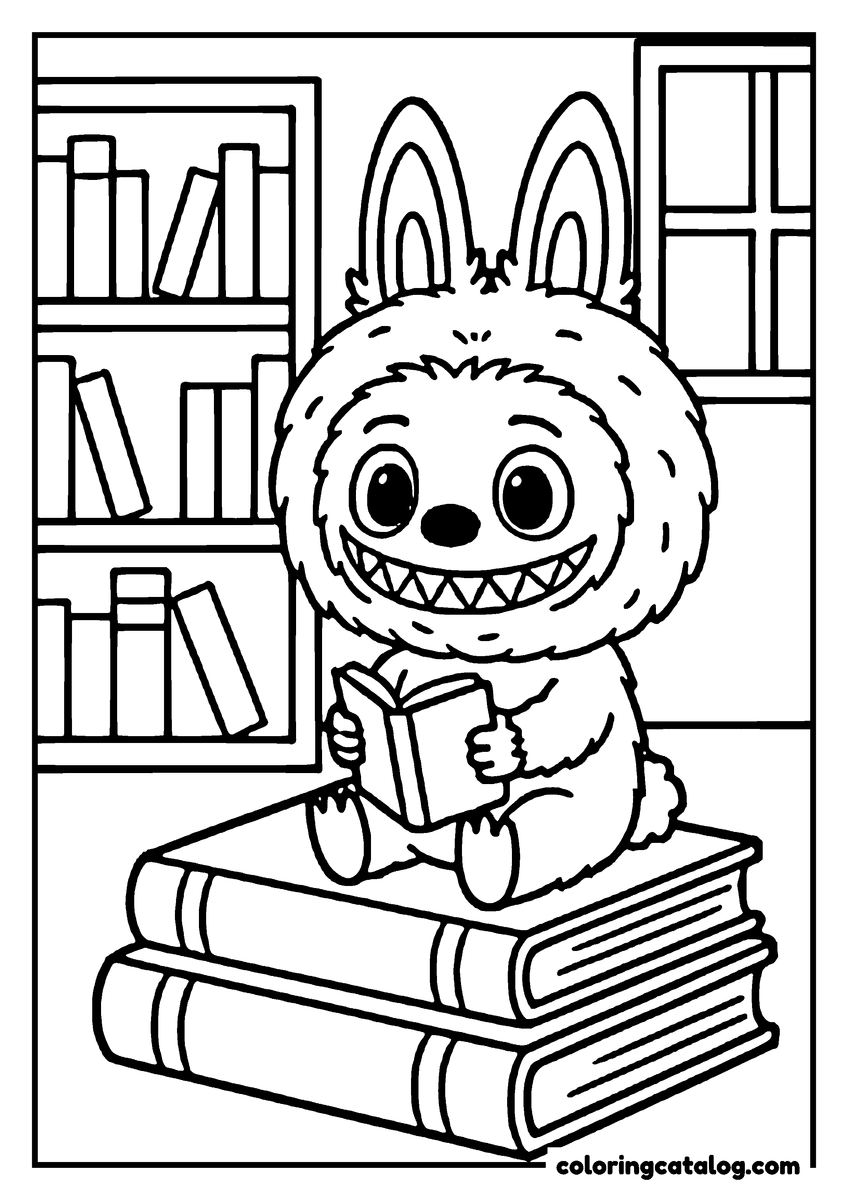 Printable Labubu coloring page: Reading on top of two big books, a bookshelf and a window in the background