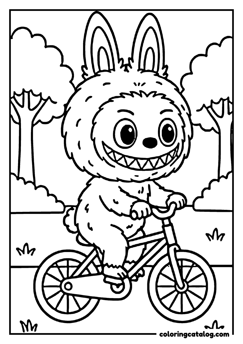Free Labubu coloring sheet: Riding a bicycle along a path between round leafy trees