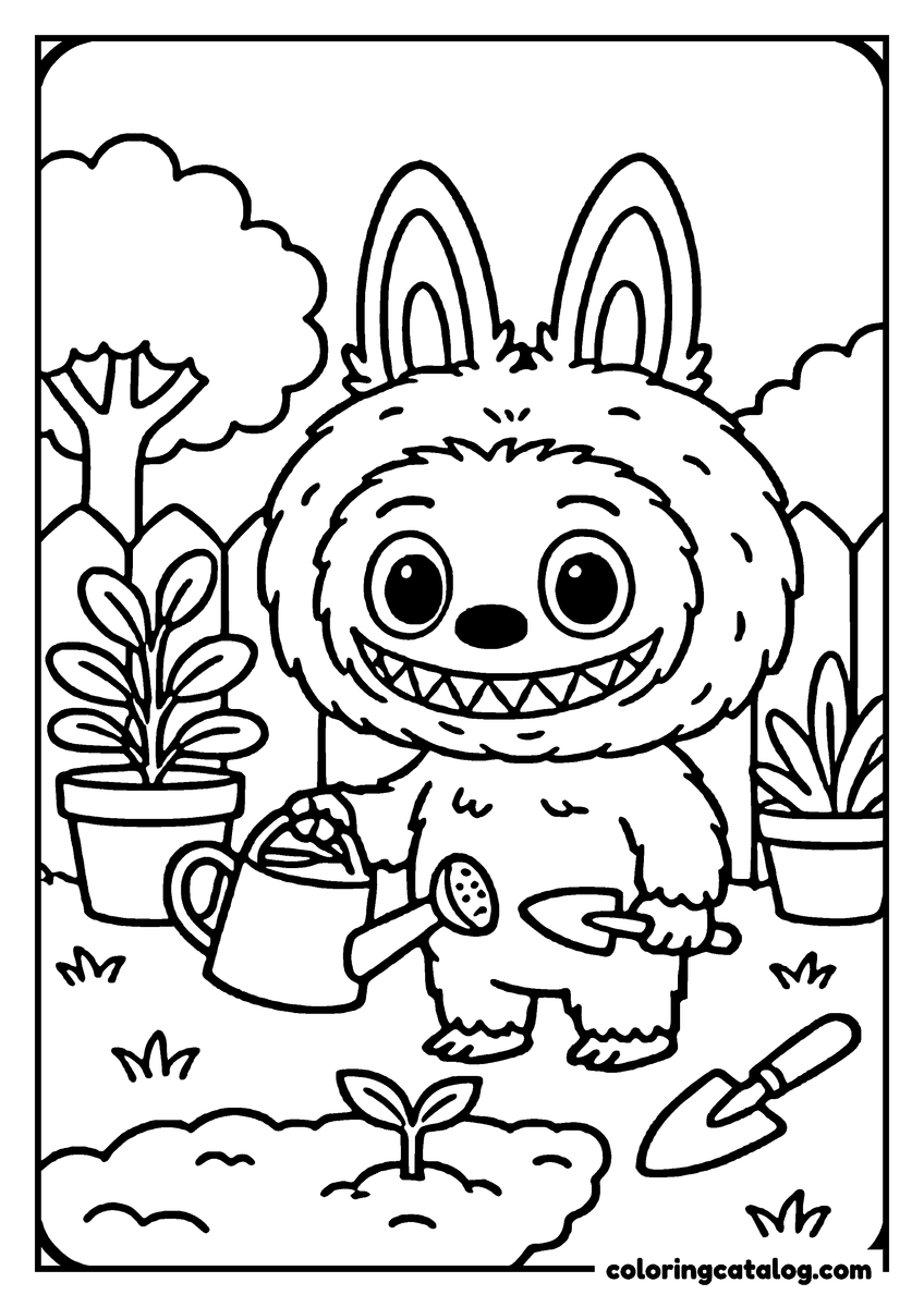 Labubu coloring page: Carrying a watering can and a trowel through the garden, potted plants and a sprout around