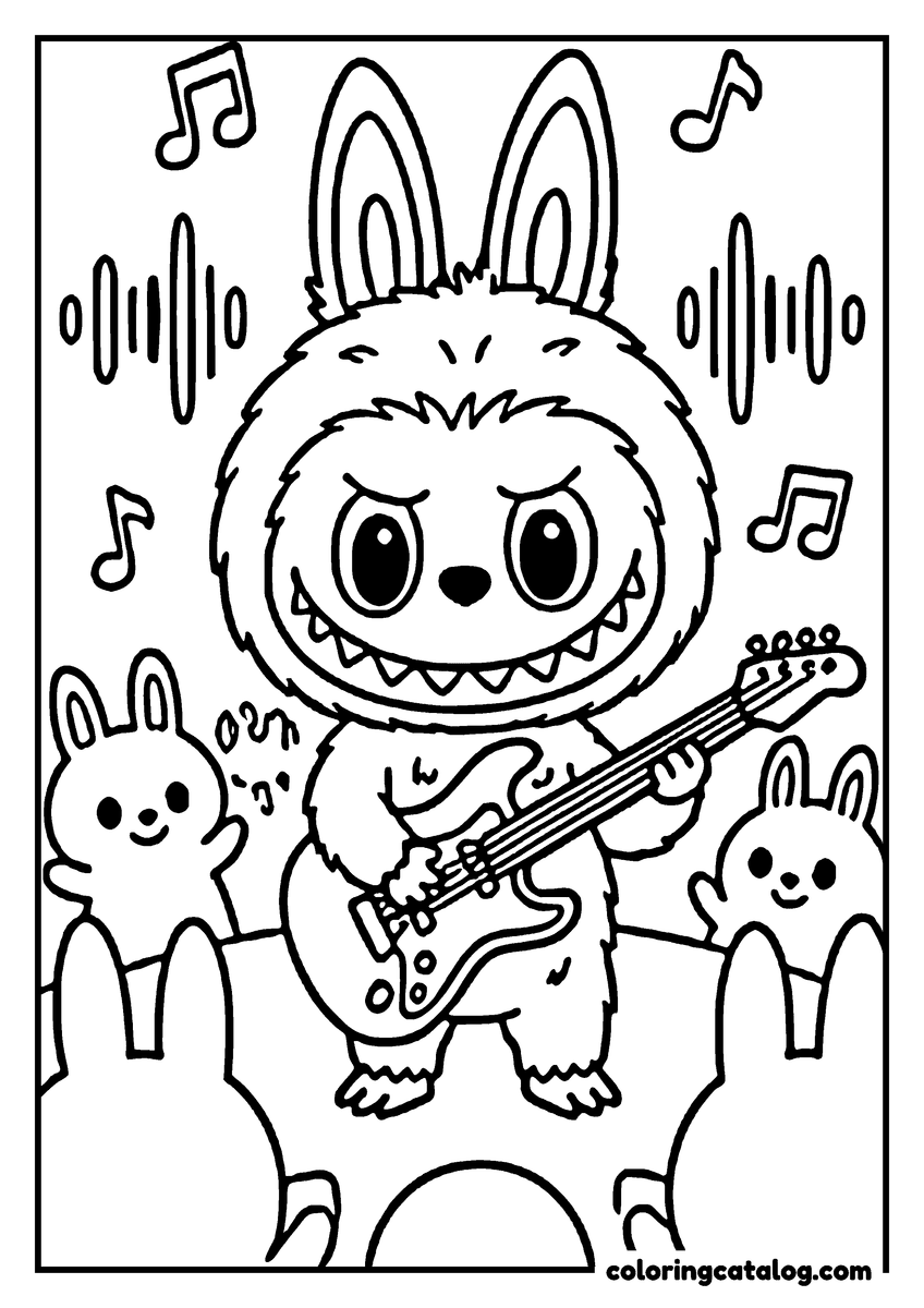 Printable Labubu coloring page: Playing an electric guitar on stage, with two small rabbits waving in the crowd
