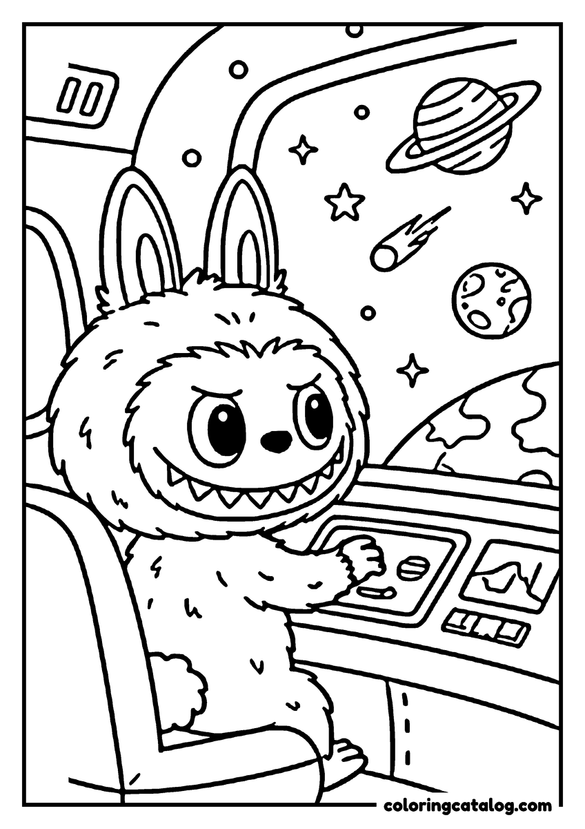 Free Labubu coloring sheet: At the controls of a spaceship, with Saturn, a comet and the Earth through the window