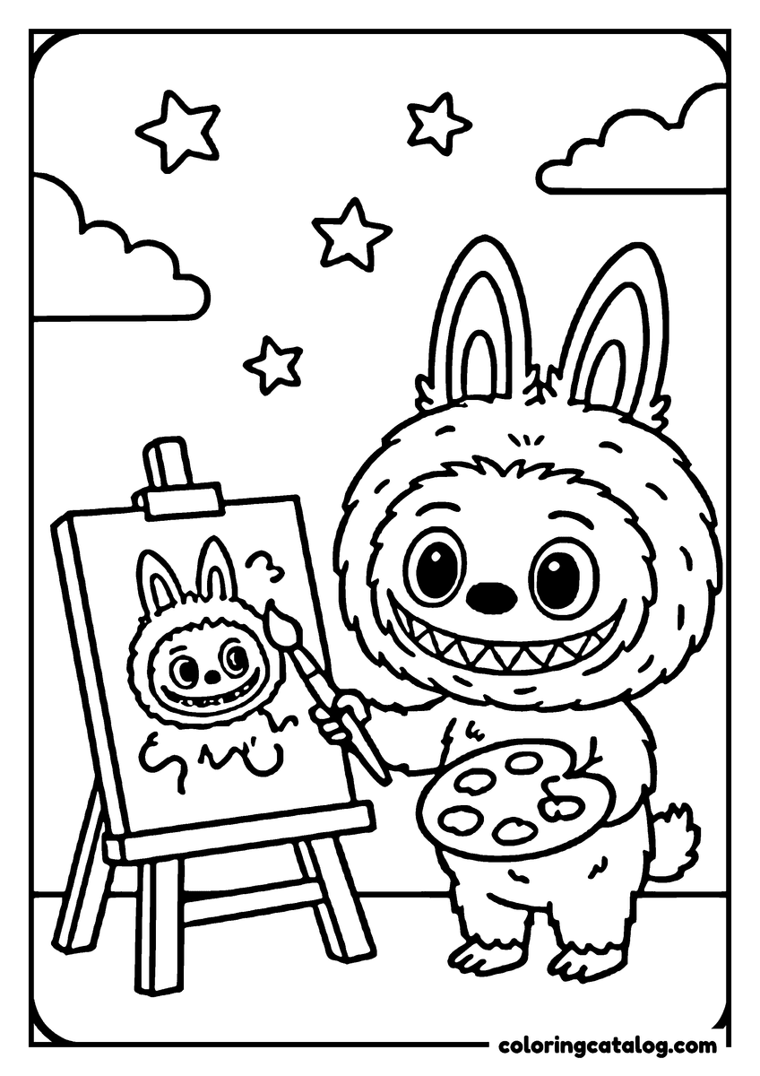 Free Labubu coloring sheet: Painting a grinning face on a canvas under a sky of stars, palette in hand