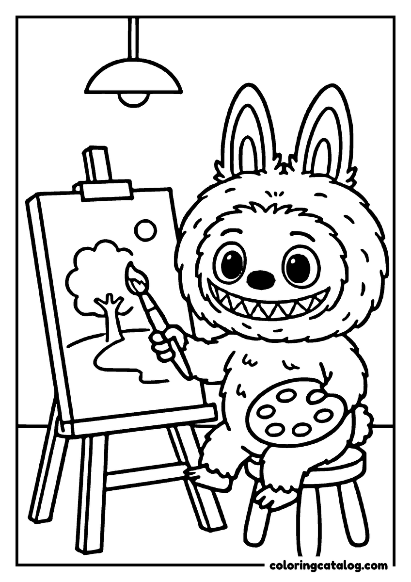 Printable Labubu coloring page: Sitting on a stool under a hanging lamp, painting a tree and a sun on an easel