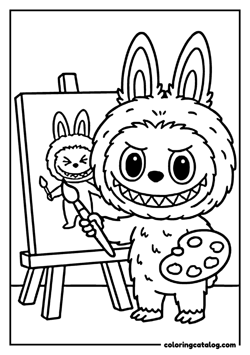 Labubu coloring page: Painting a self-portrait on a canvas, brush in one hand and palette in the other