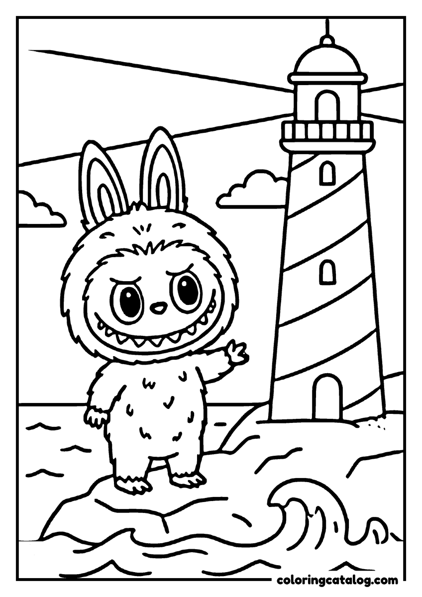 Labubu coloring page: Standing on a rock in the surf, one arm out towards a striped lighthouse