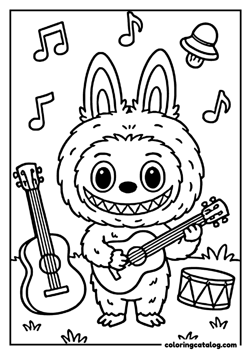 Printable Labubu coloring page: Playing a ukulele with a second guitar leaning alongside, a drum and a hat nearby