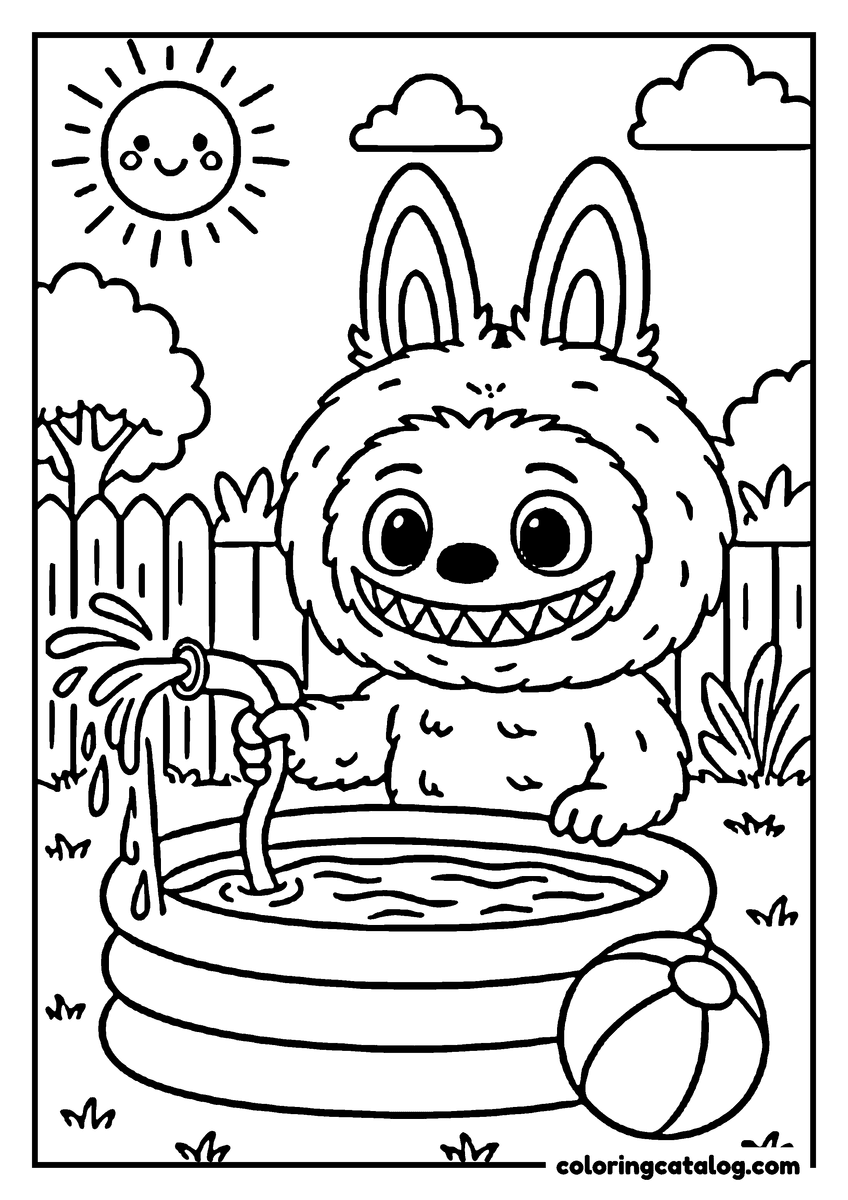 Free Labubu coloring sheet: Filling a paddling pool with a garden hose, a beach ball on the grass and a smiling sun above