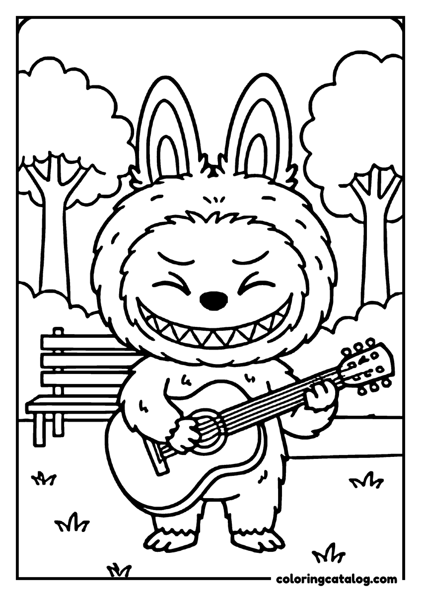Labubu coloring page: Playing an acoustic guitar in the park with eyes closed, a bench and trees behind