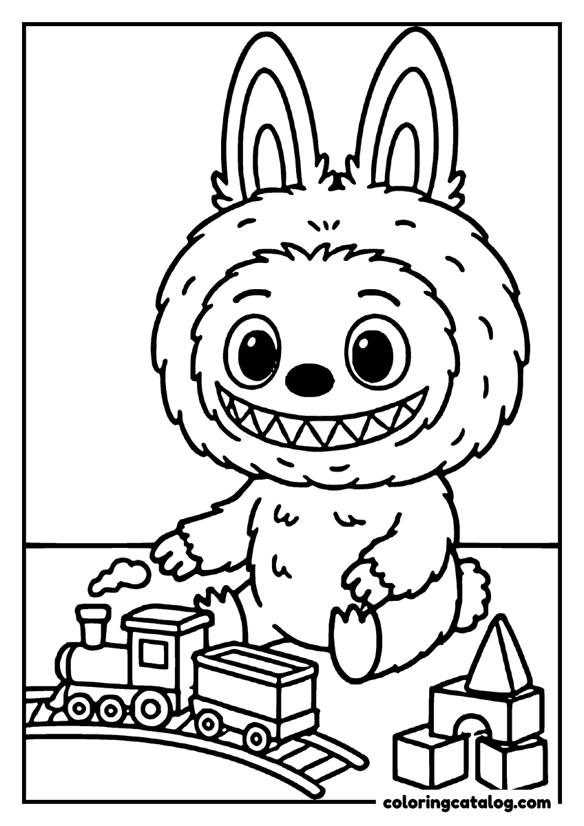 Printable Labubu coloring page: Sitting on the floor with a wooden train on its track and a pile of building blocks