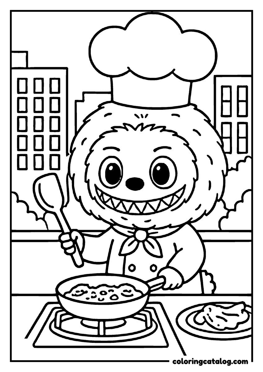 Printable Labubu coloring page: In a chef's jacket and neckerchief, holding a wooden spoon over a frying pan, city rooftops behind