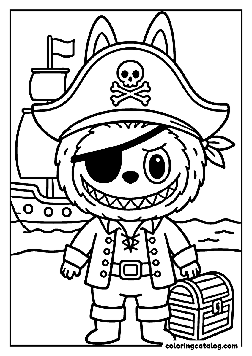 Labubu coloring page: Dressed as a pirate with an eyepatch and a skull hat, a treasure chest alongside and a ship at anchor