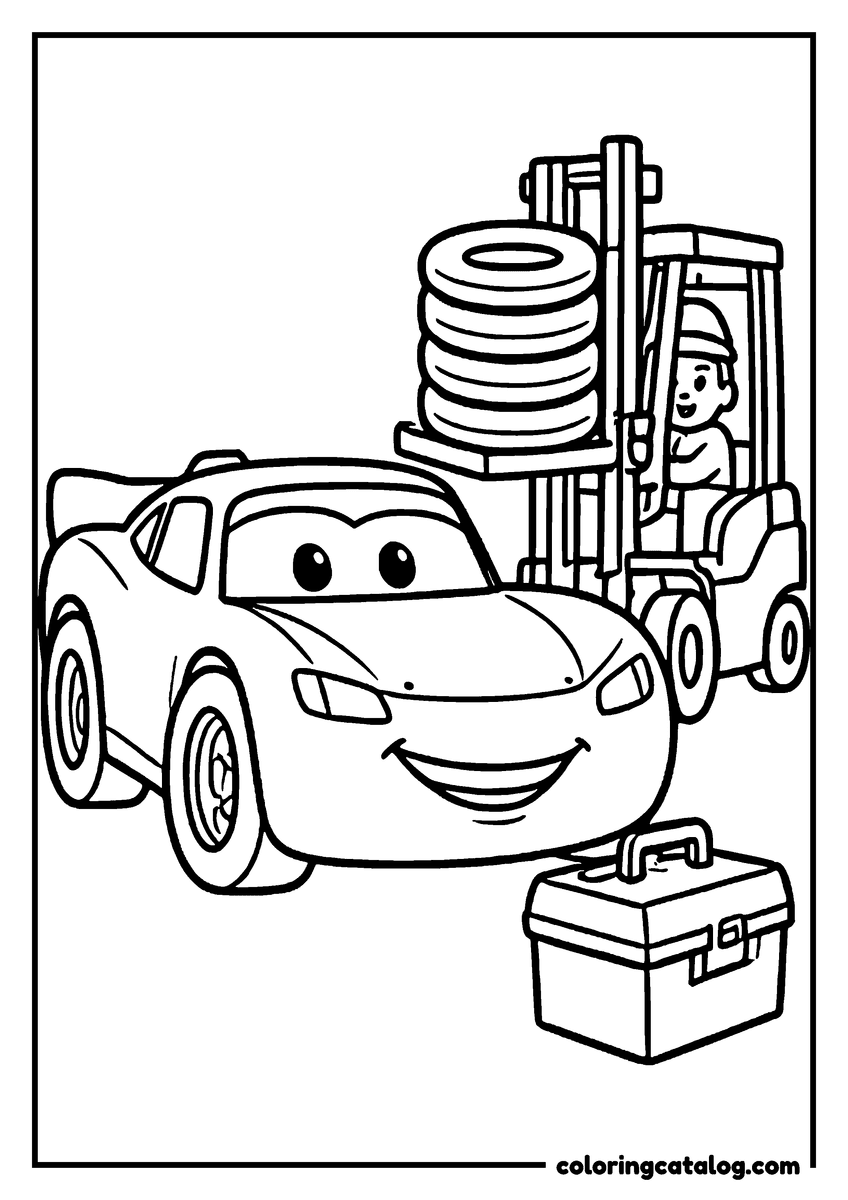 Lightning McQueen coloring page of Lightning McQueen lightning McQueen next to a forklift lifting tires and a toolbox