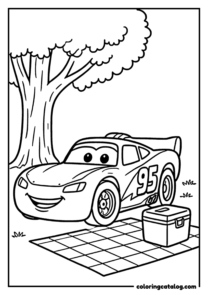 Lightning McQueen coloring page of Lightning McQueen lightning McQueen parked under a tree by a picnic blanket and a cooler
