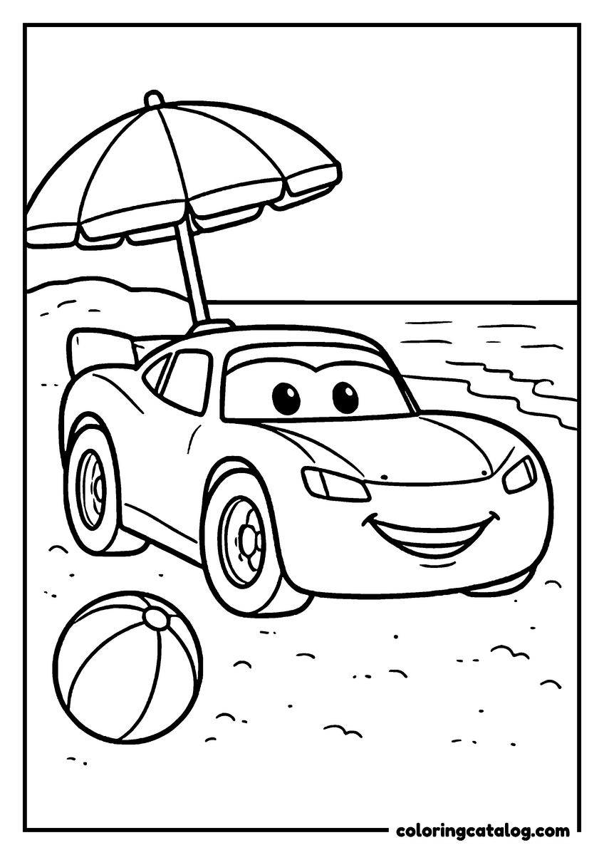 Lightning McQueen coloring page of Lightning McQueen lightning McQueen at the beach under an umbrella with a beach ball