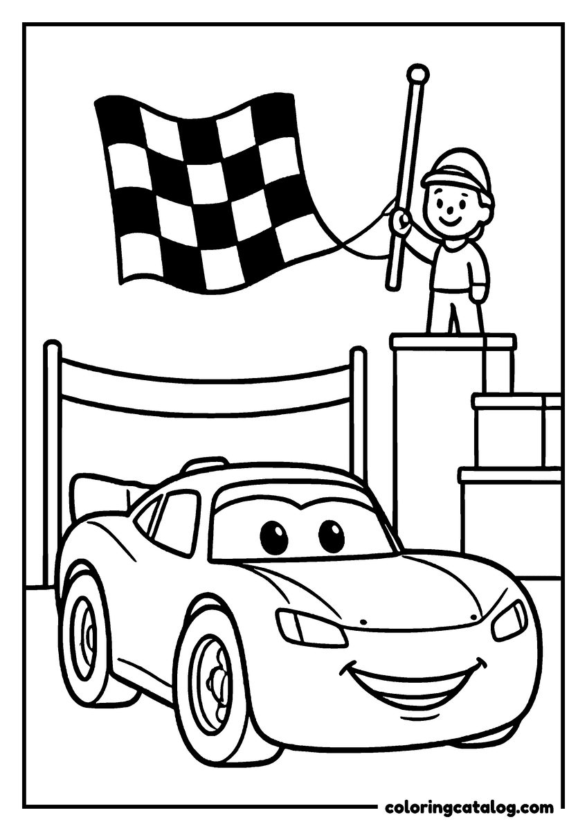 Lightning McQueen coloring page of Lightning McQueen lightning McQueen crossing the finish line under a checkered flag