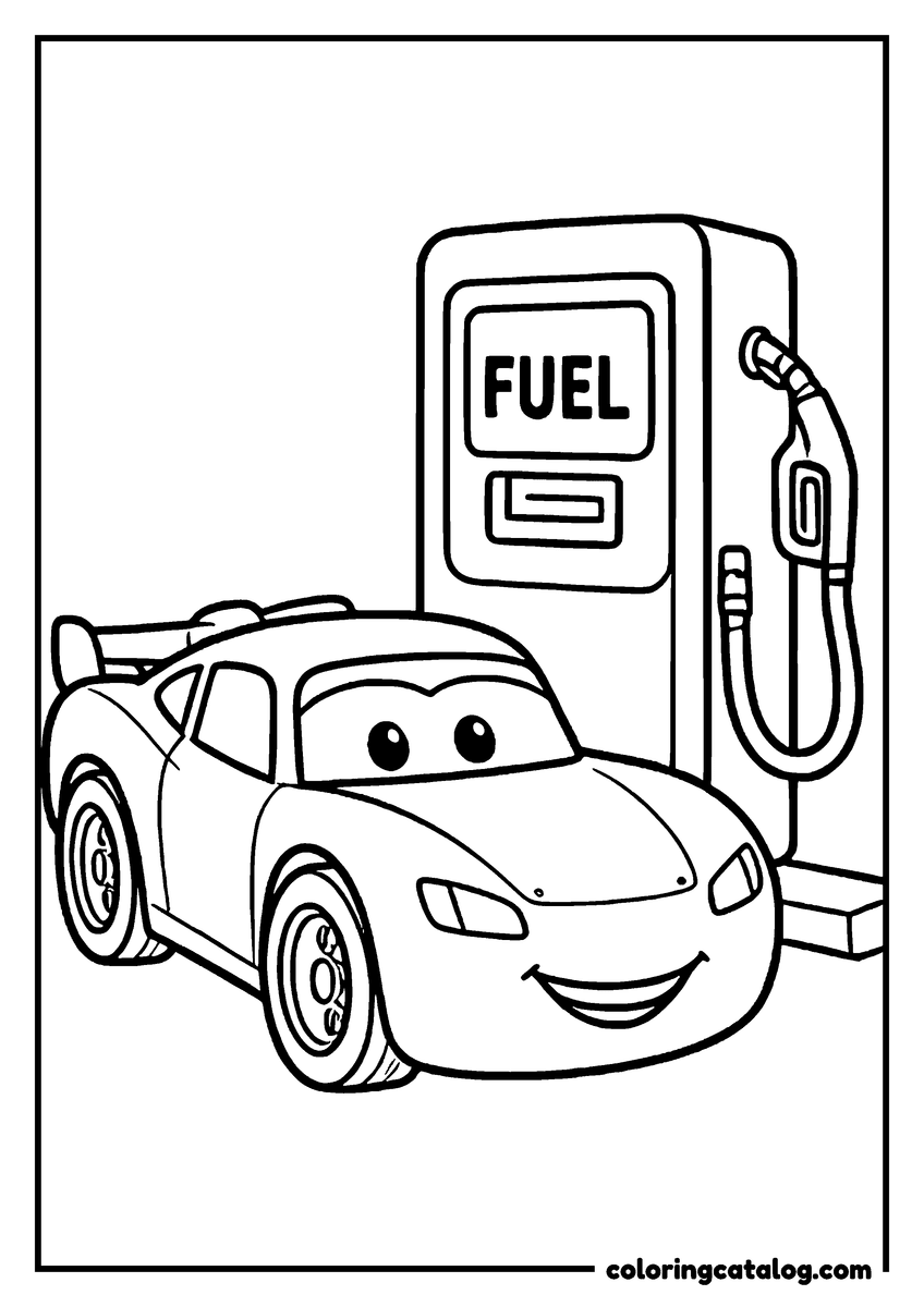 Lightning McQueen coloring page of Lightning McQueen lightning McQueen parked at a fuel pump