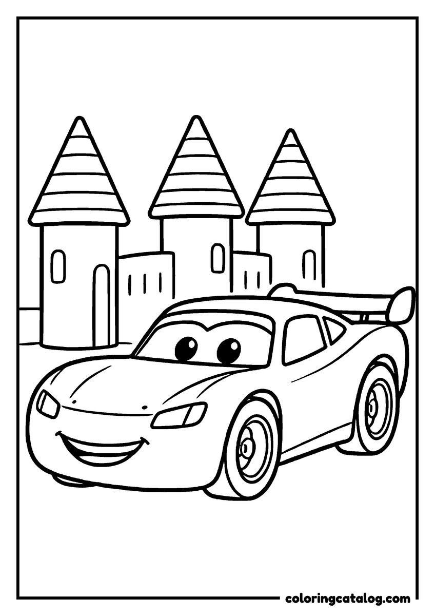 Lightning McQueen coloring page of Lightning McQueen lightning McQueen parked in front of a big sandcastle