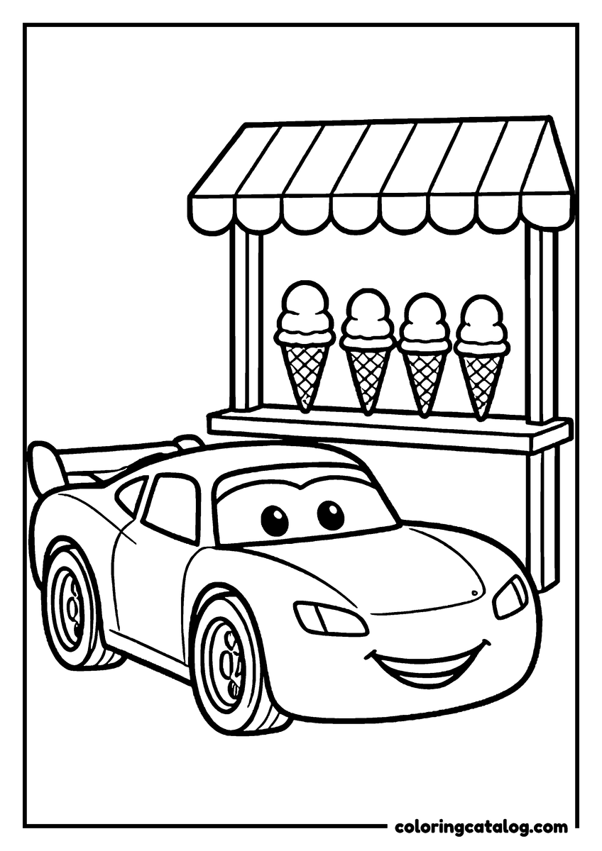 Lightning McQueen coloring page of Lightning McQueen lightning McQueen parked by an ice cream stand