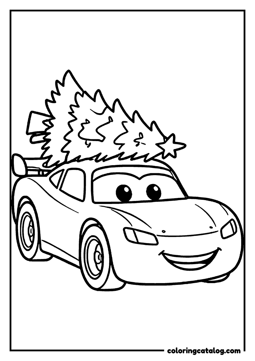 Lightning McQueen coloring page of Lightning McQueen lightning McQueen carrying a Christmas tree on his roof