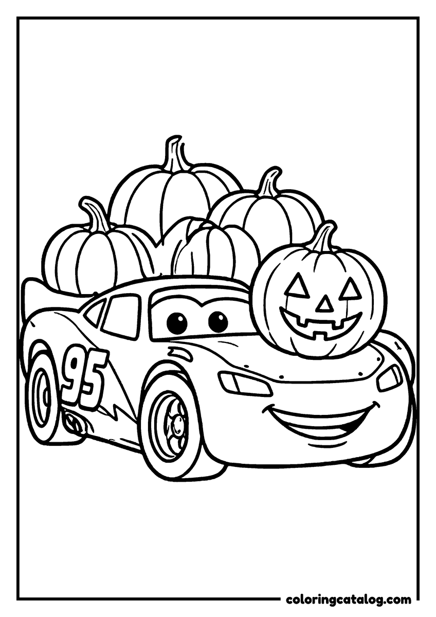 Lightning McQueen coloring page of Lightning McQueen lightning McQueen carrying a pile of pumpkins and a jack o'lantern