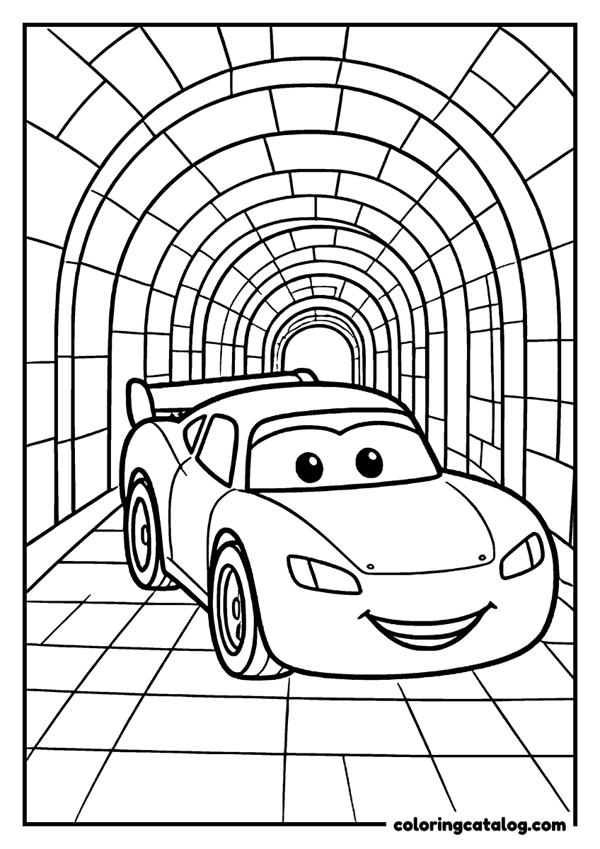 Lightning McQueen coloring page of Lightning McQueen lightning McQueen driving out of a brick tunnel
