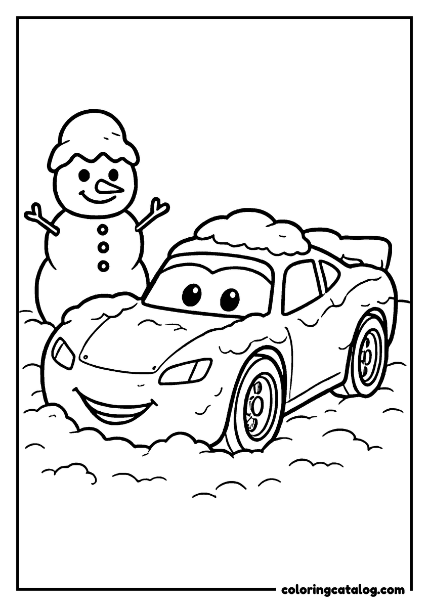 Lightning McQueen coloring page of Lightning McQueen lightning McQueen covered in snow next to a snowman