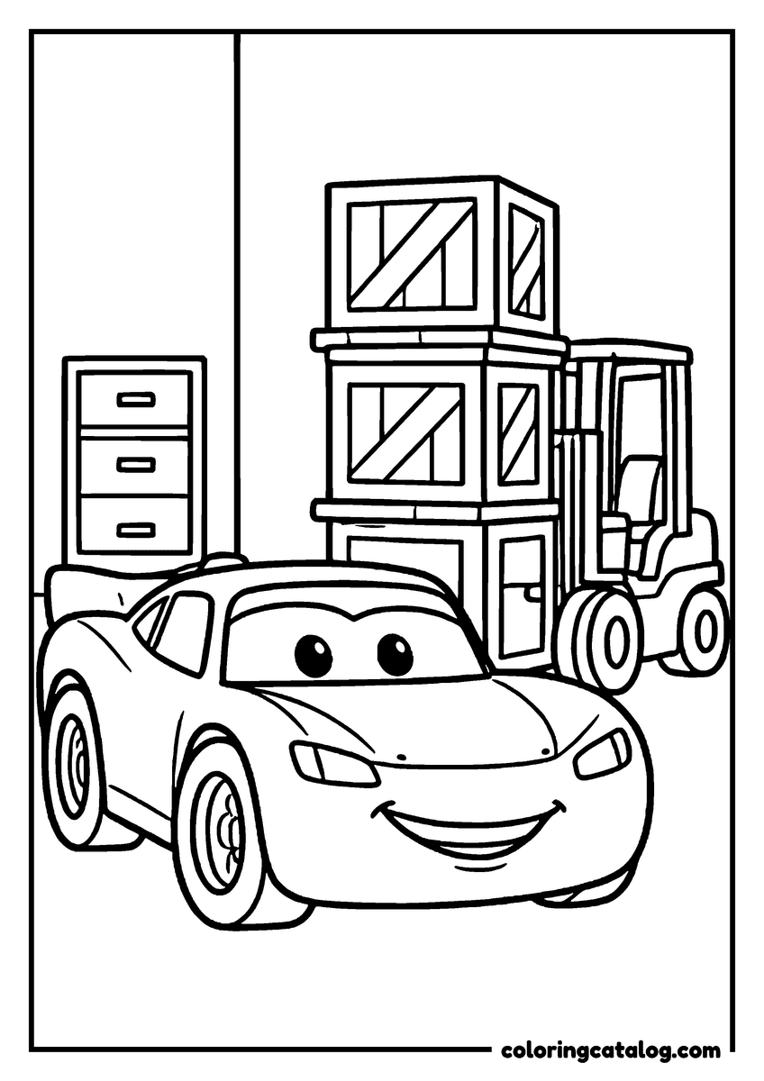 Lightning McQueen coloring page of Lightning McQueen lightning McQueen in a warehouse with crates and a forklift