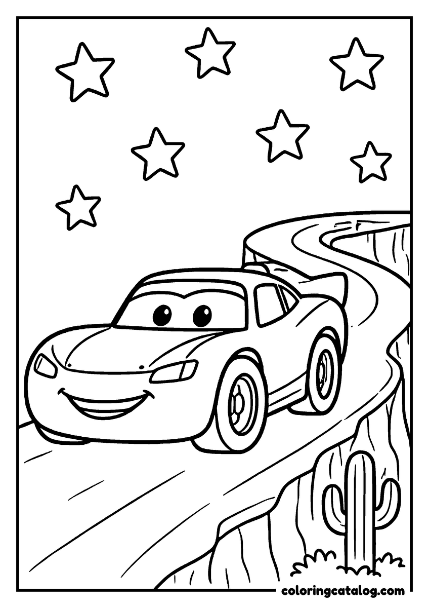 Lightning McQueen coloring page of Lightning McQueen lightning McQueen driving along a canyon road under the stars