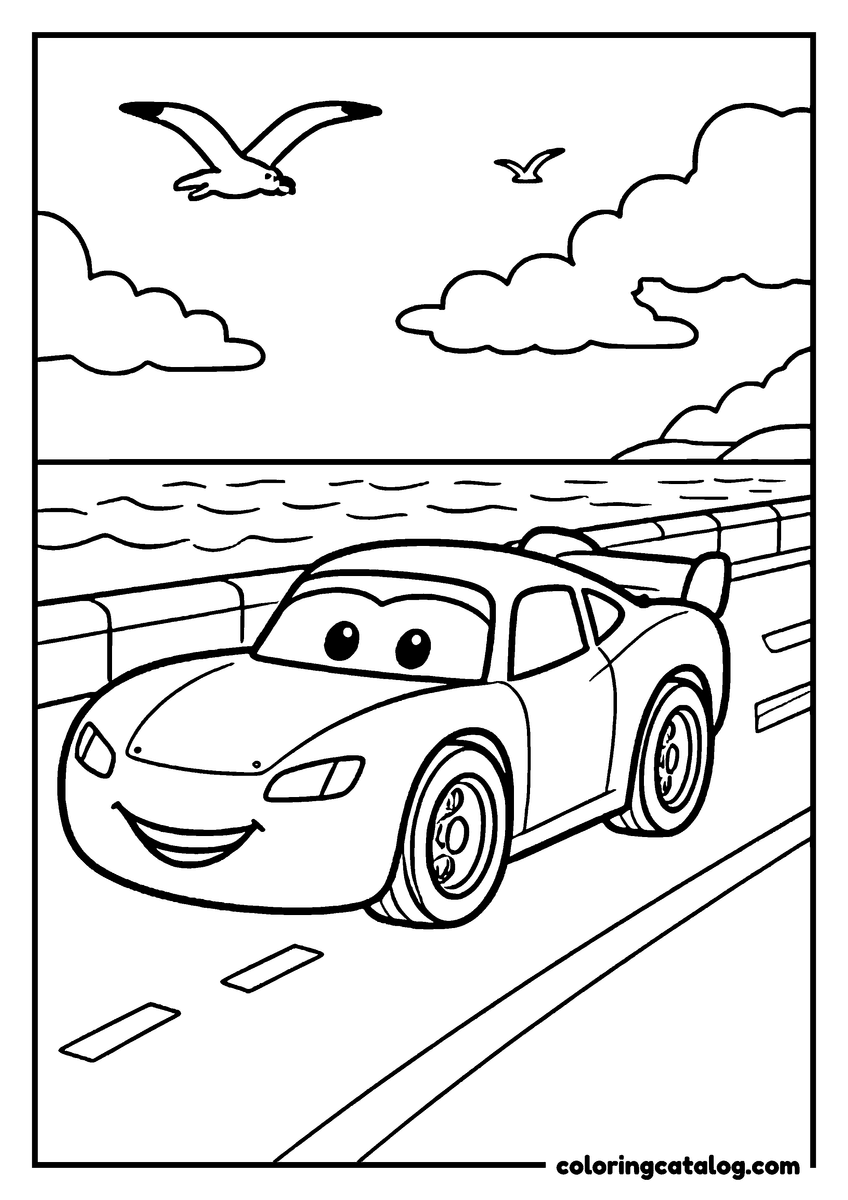 Lightning McQueen coloring page of Lightning McQueen lightning McQueen driving on a road along the sea with seagulls