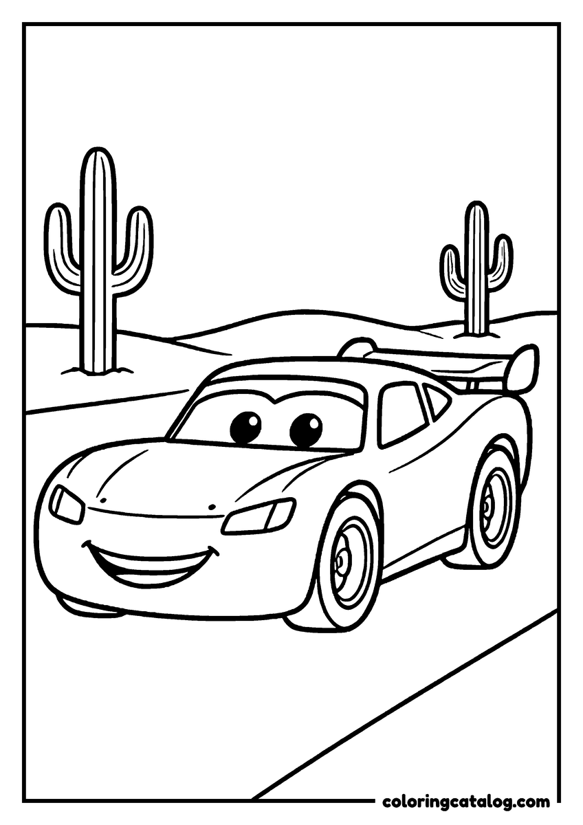 Lightning McQueen coloring page of Lightning McQueen lightning McQueen driving on a desert road between cactuses