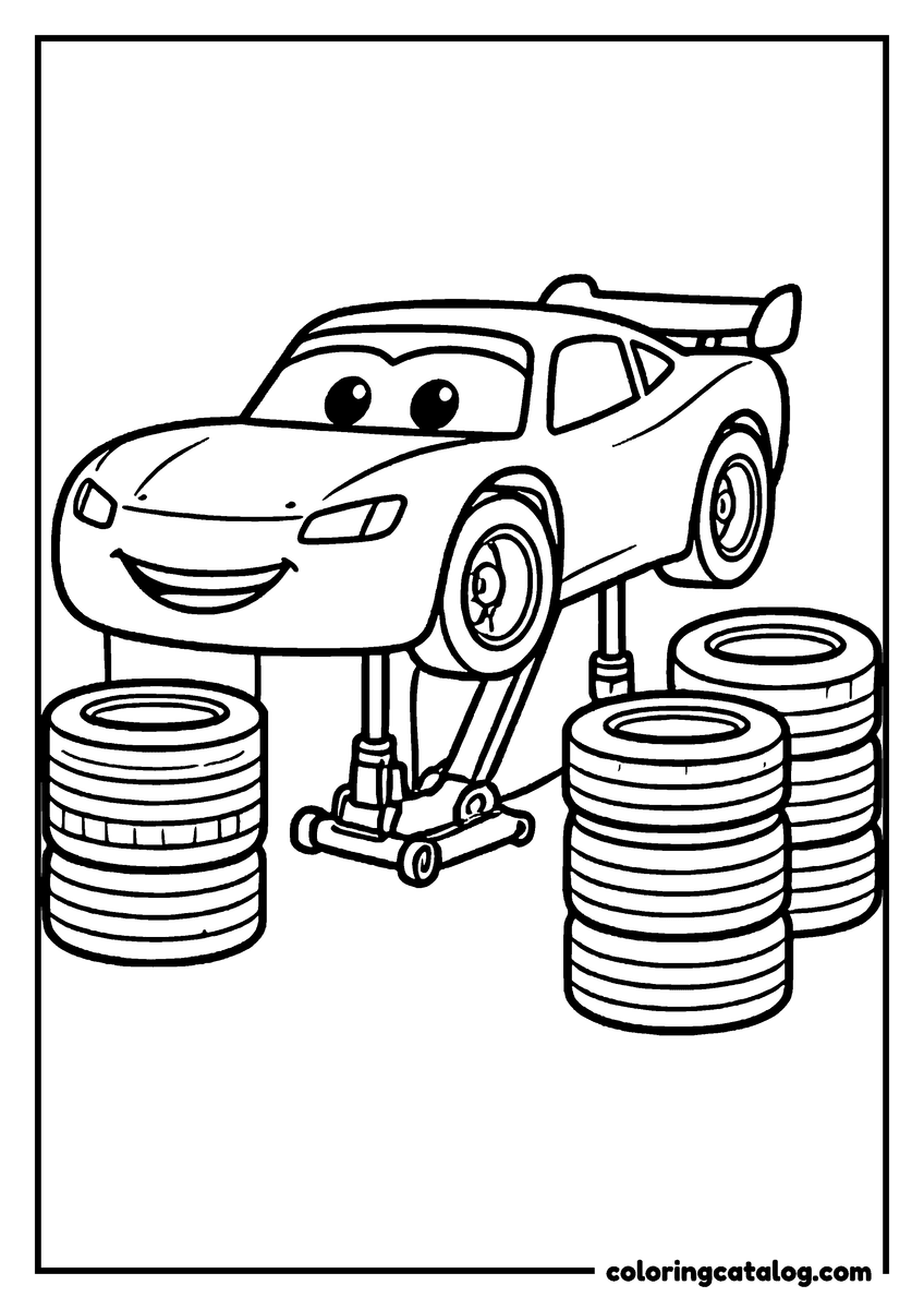 Lightning McQueen coloring page of Lightning McQueen lightning McQueen lifted on a jack between stacks of tires