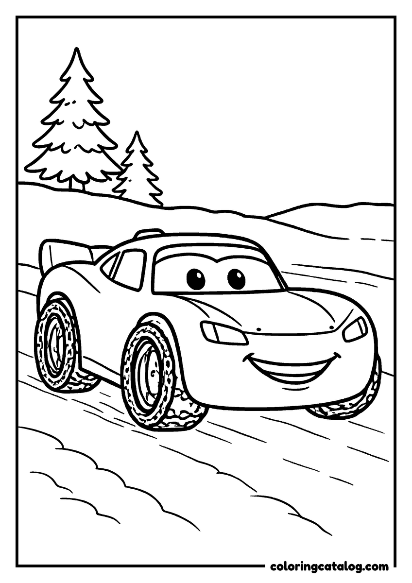 Lightning McQueen coloring page of Lightning McQueen lightning McQueen driving on a mountain road among pine trees