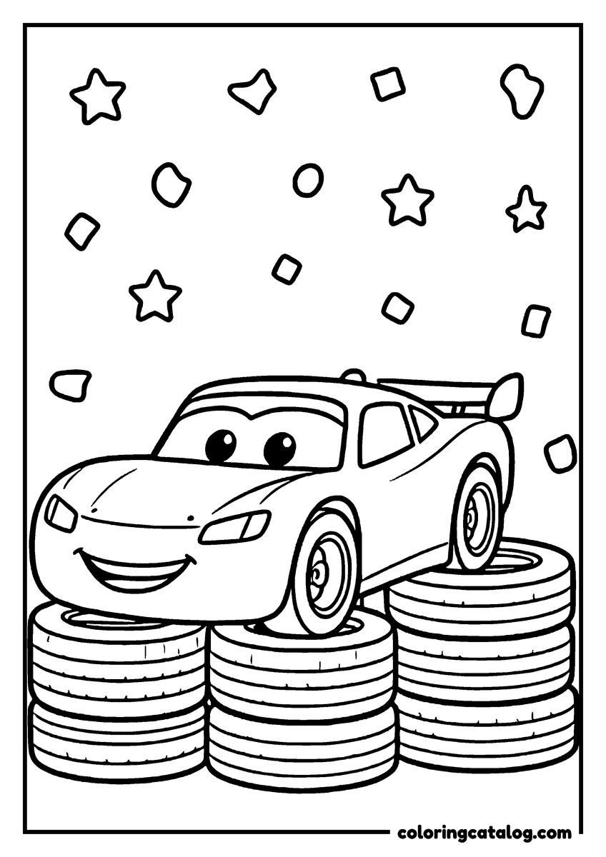 Lightning McQueen coloring page of Lightning McQueen lightning McQueen on top of stacked tires with confetti falling