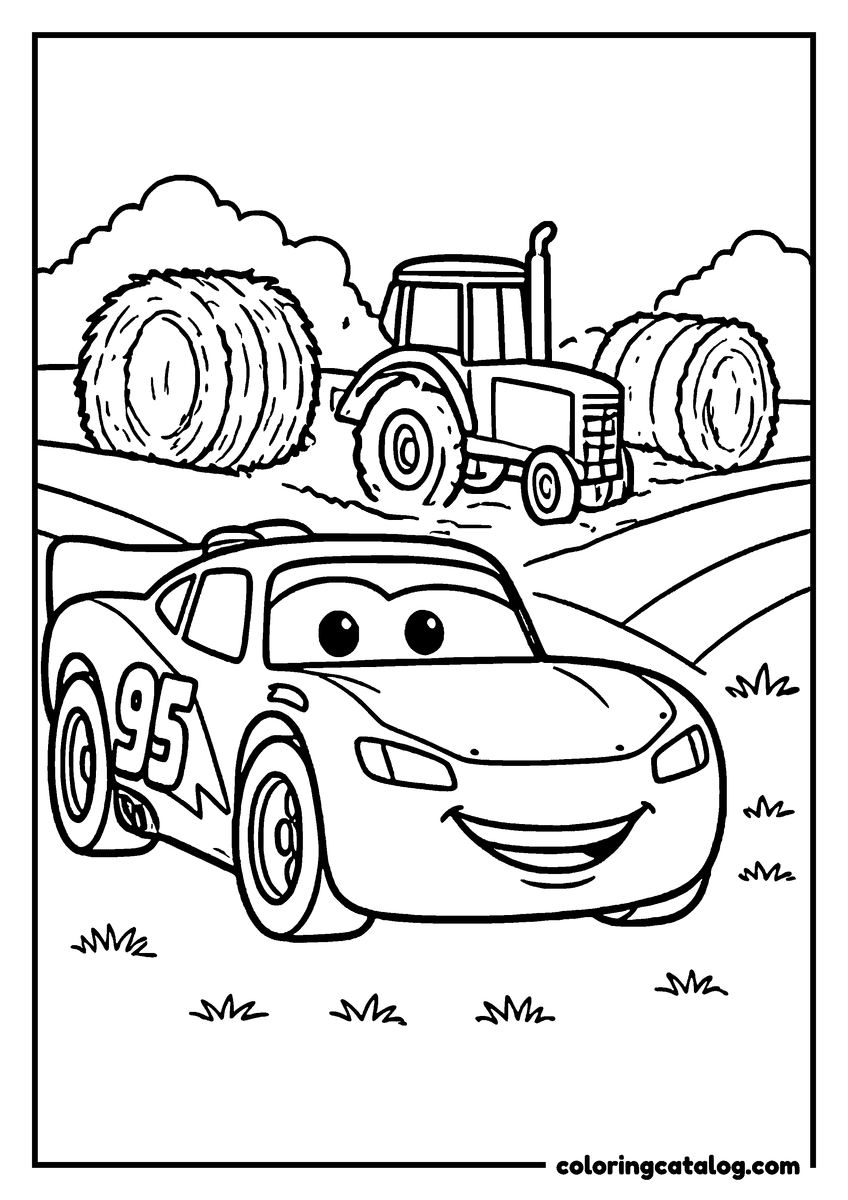 Lightning McQueen coloring page of Lightning McQueen lightning McQueen in a field with a tractor and hay bales