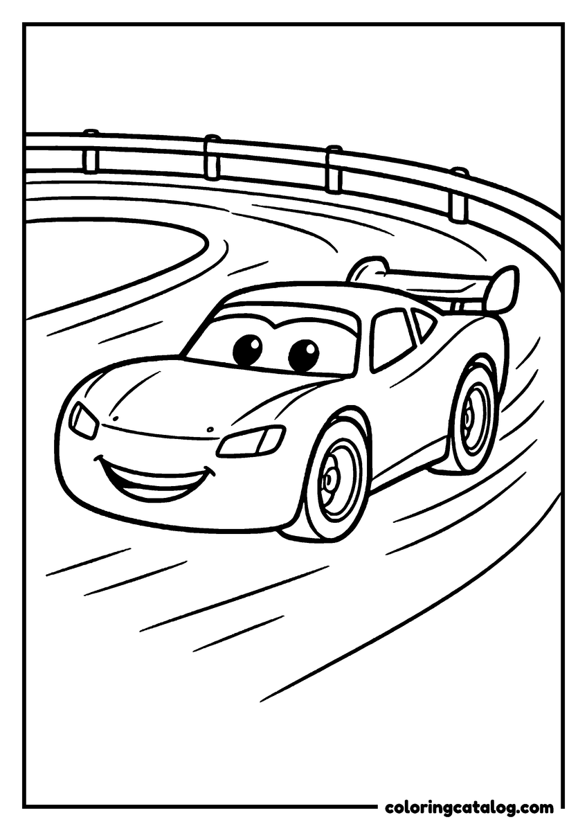 Lightning McQueen coloring page of Lightning McQueen lightning McQueen speeding around a race track curve