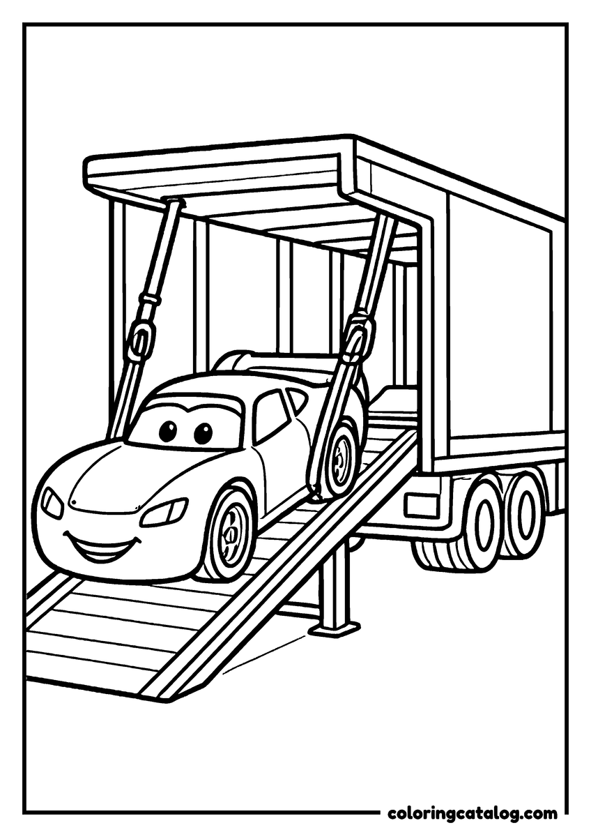 Lightning McQueen coloring page of Lightning McQueen lightning McQueen rolling up the ramp into his transport truck