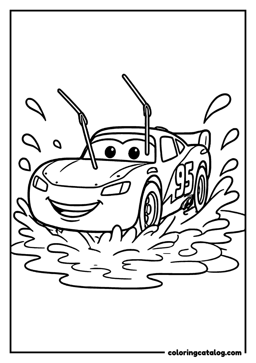 Lightning McQueen coloring page of Lightning McQueen lightning McQueen splashing through a big puddle