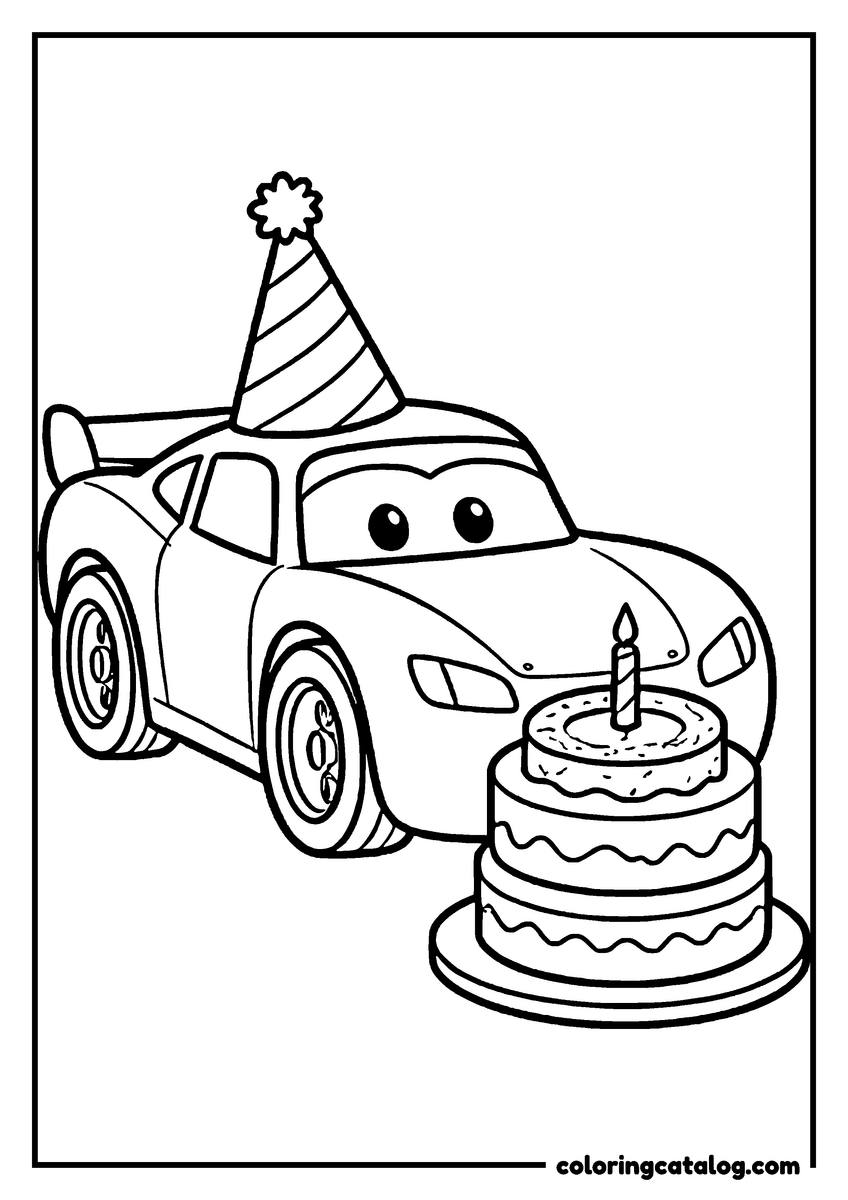 Lightning McQueen coloring page of Lightning McQueen lightning McQueen in a party hat with a birthday cake